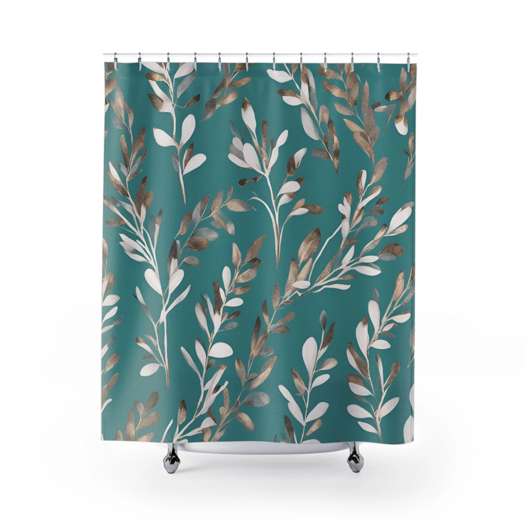 Green Fabric Shower Curtain | Floral White Leaves Bath Curtain Lighting,Home Lighting