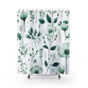 Green Fabric Shower Curtain | White Flowers Bath Curtain Lighting,Home Lighting