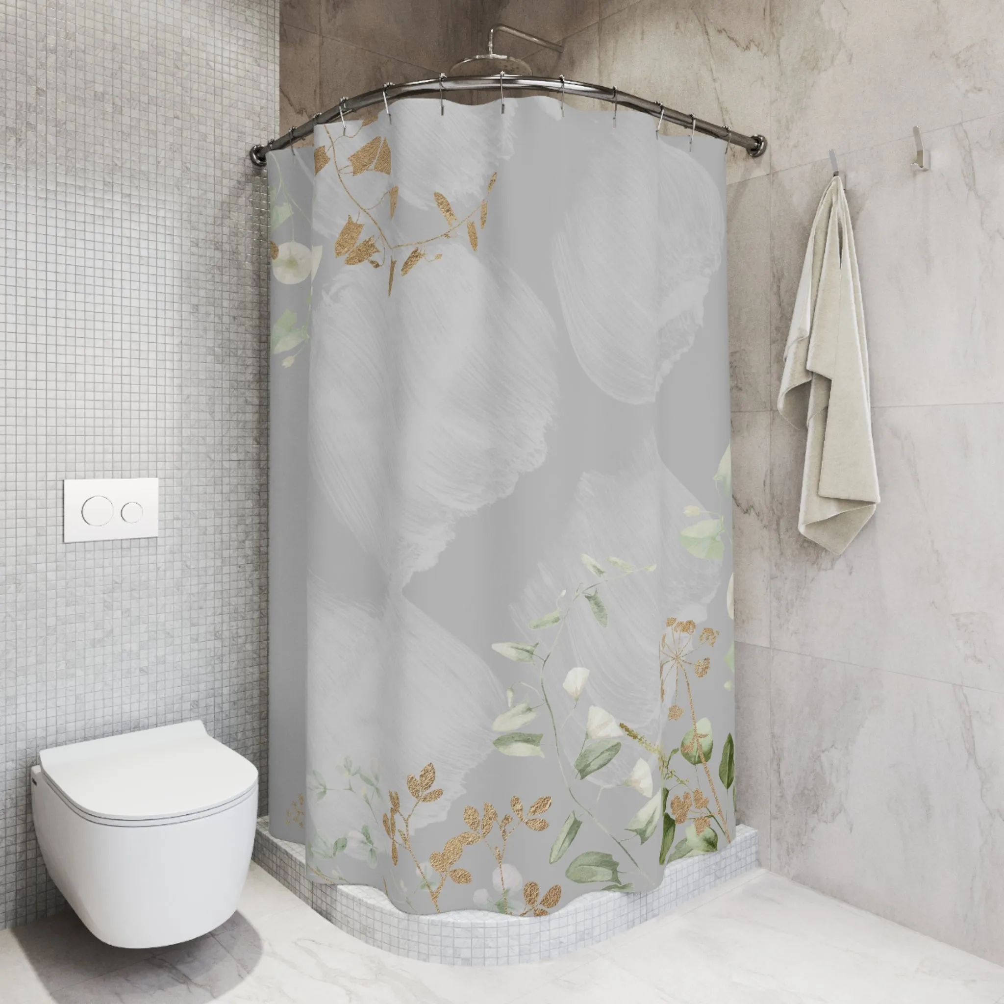 Grey Floral Shower Curtain | Sage Green Leaves
