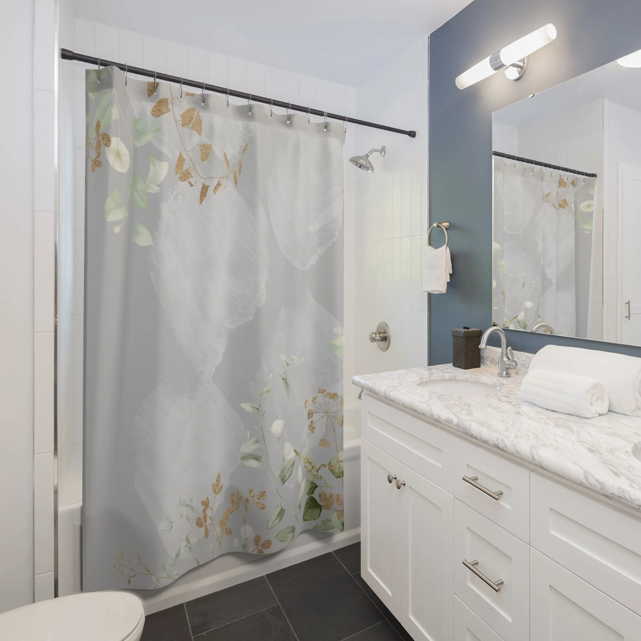 Grey Floral Shower Curtain | Sage Green Leaves