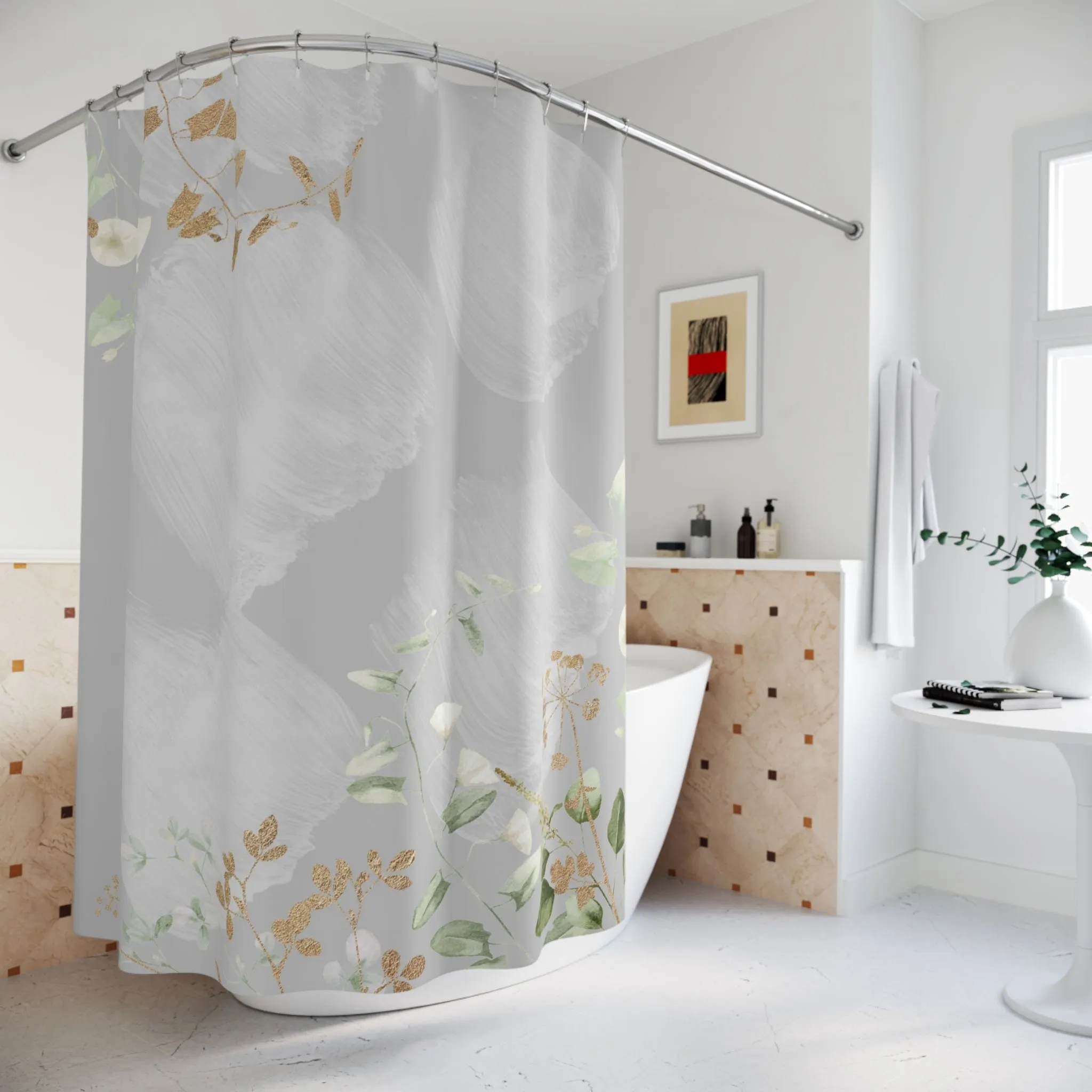Grey Floral Shower Curtain | Sage Green Leaves