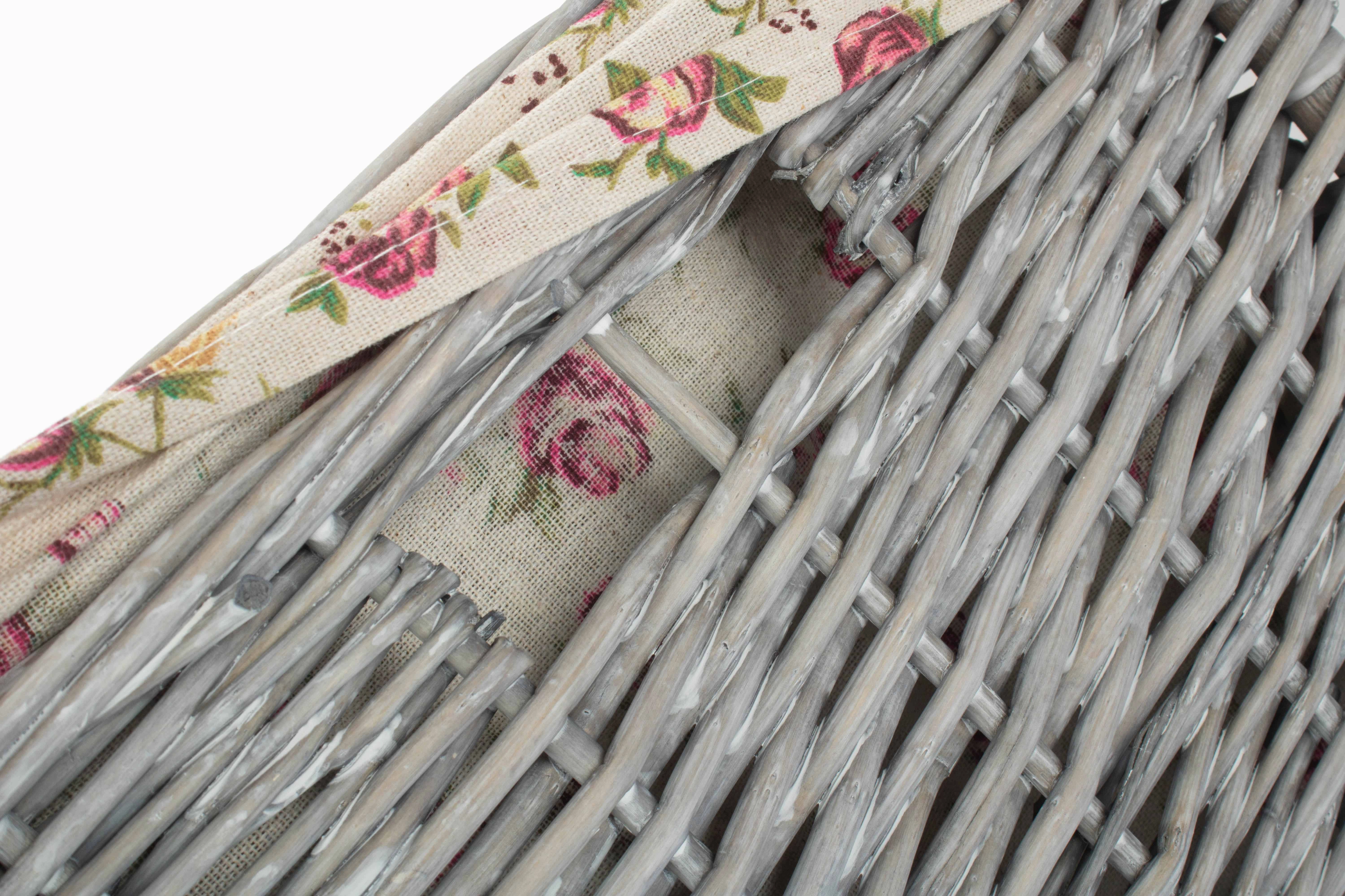 Grey Wash Willow Small Square Laundry Basket with Garden Rose Lining