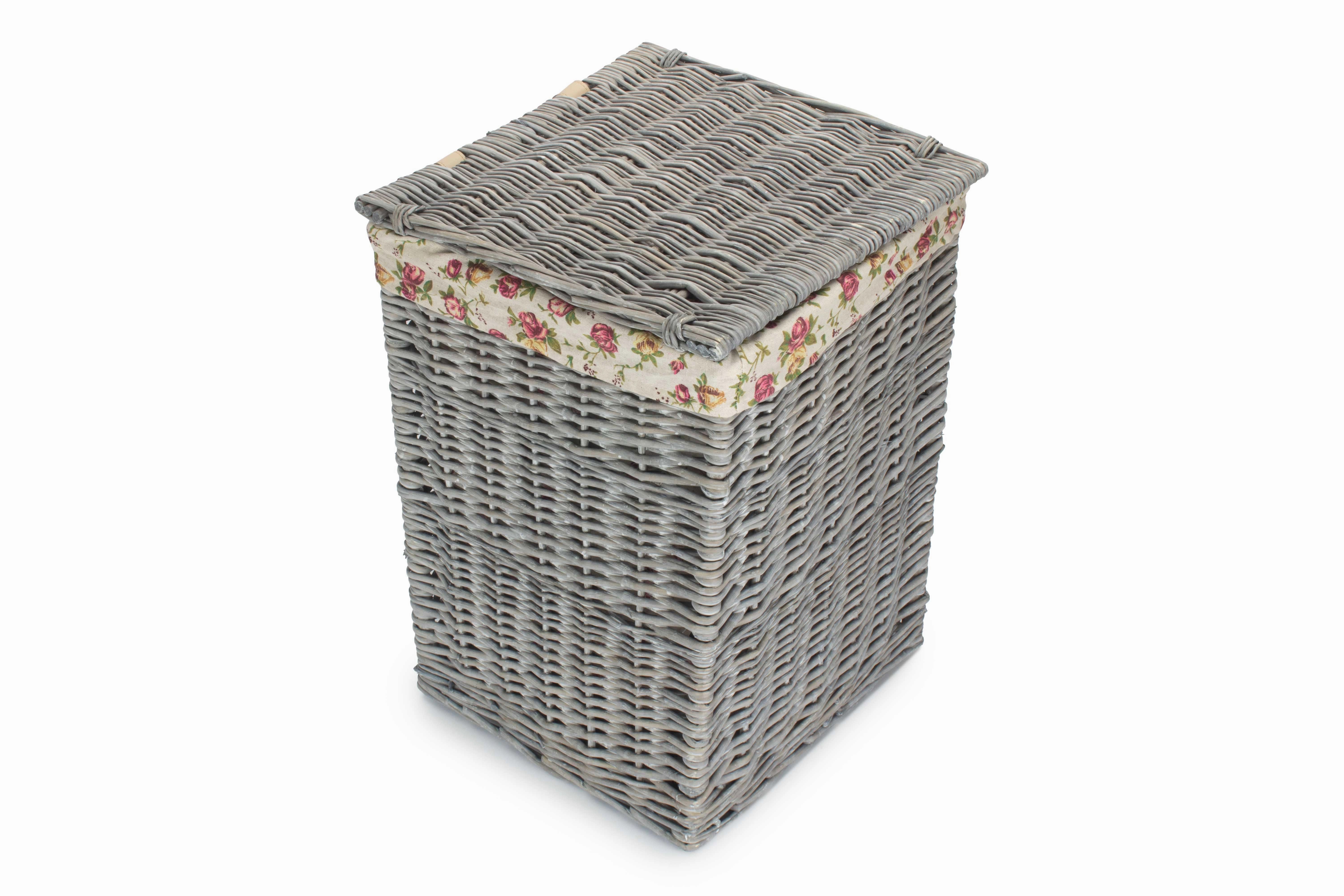 Grey Wash Willow Small Square Laundry Basket with Garden Rose Lining
