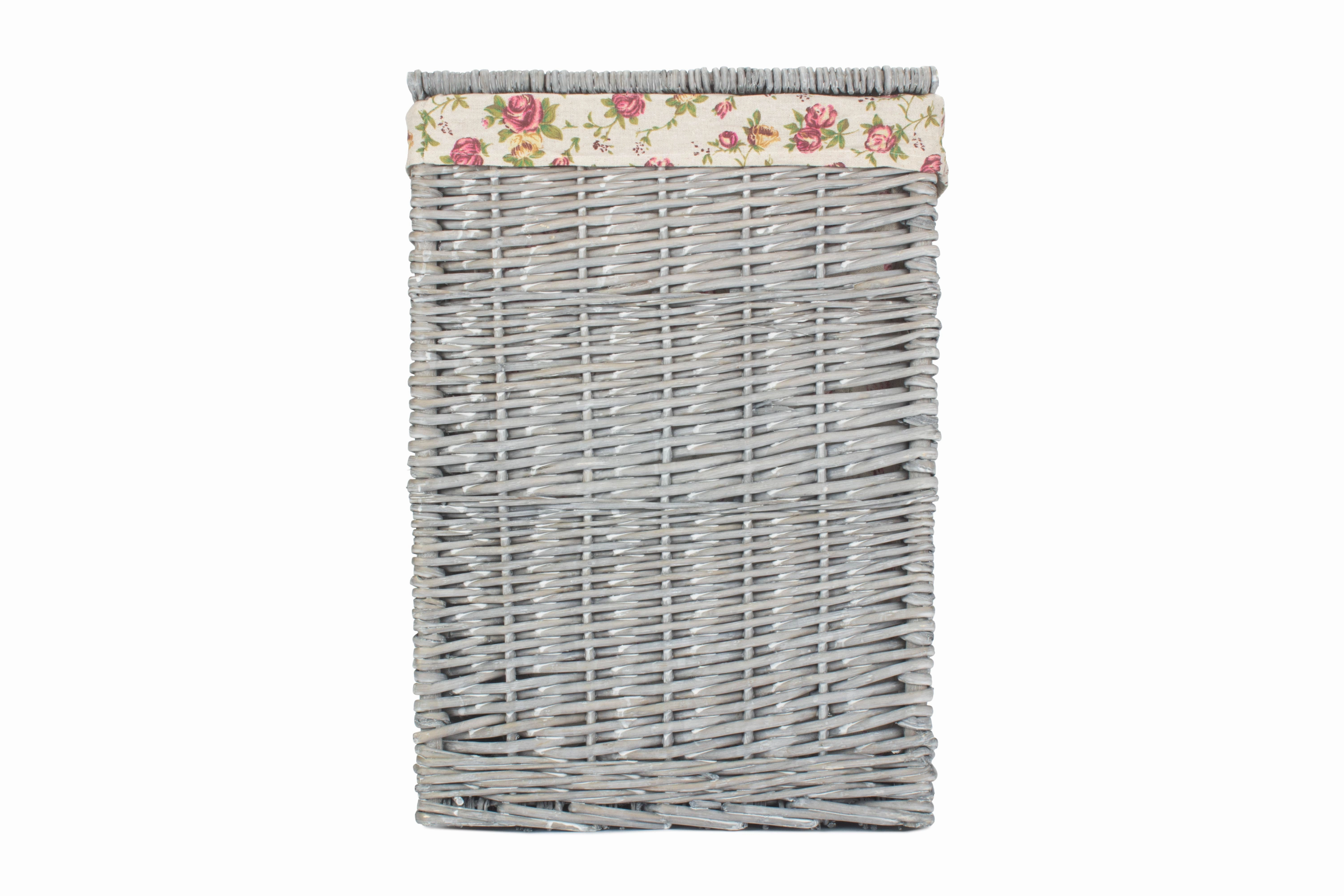 Grey Wash Willow Small Square Laundry Basket with Garden Rose Lining