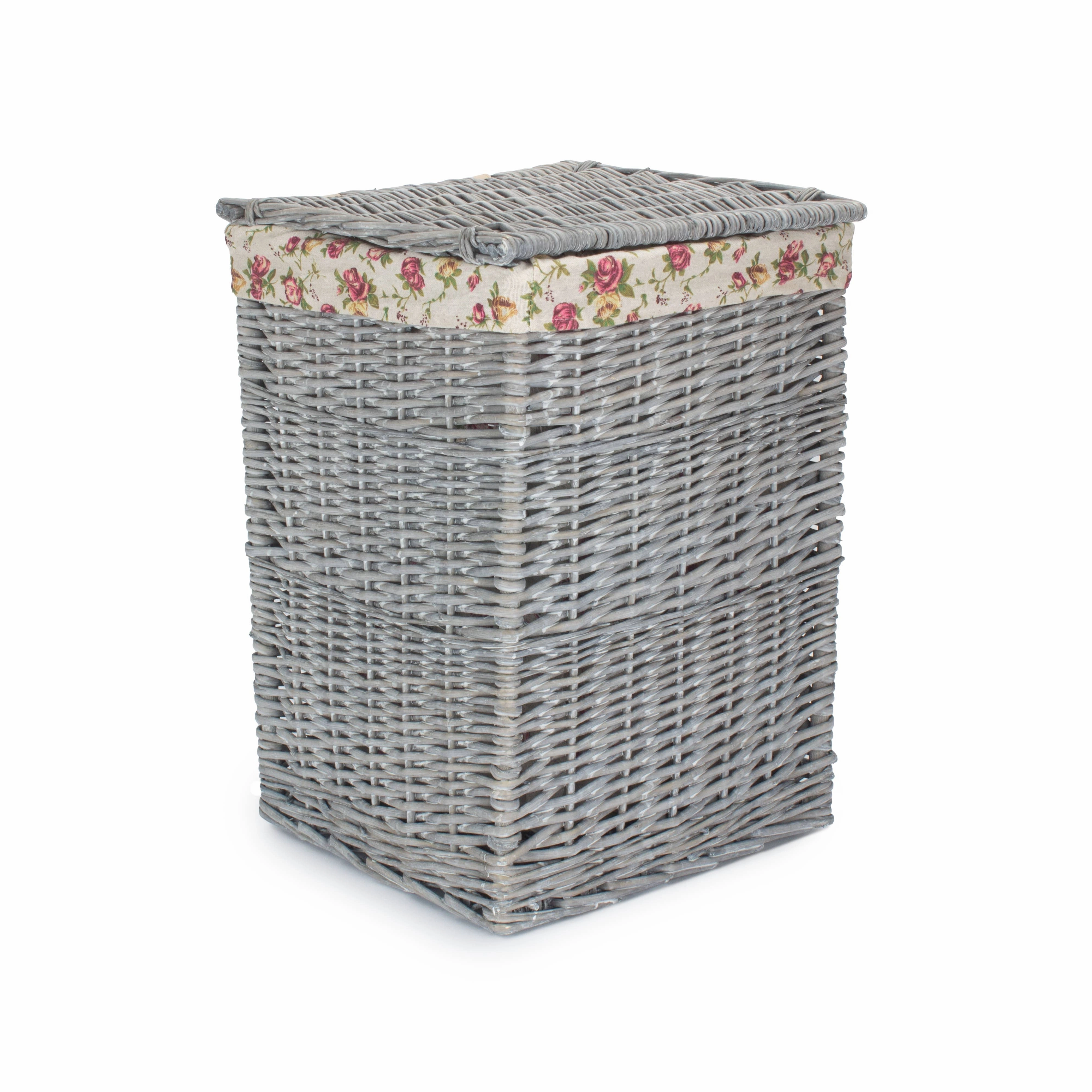 Grey Wash Willow Small Square Laundry Basket with Garden Rose Lining laundry organizer,dirty clothes basket,plastic laundry basket