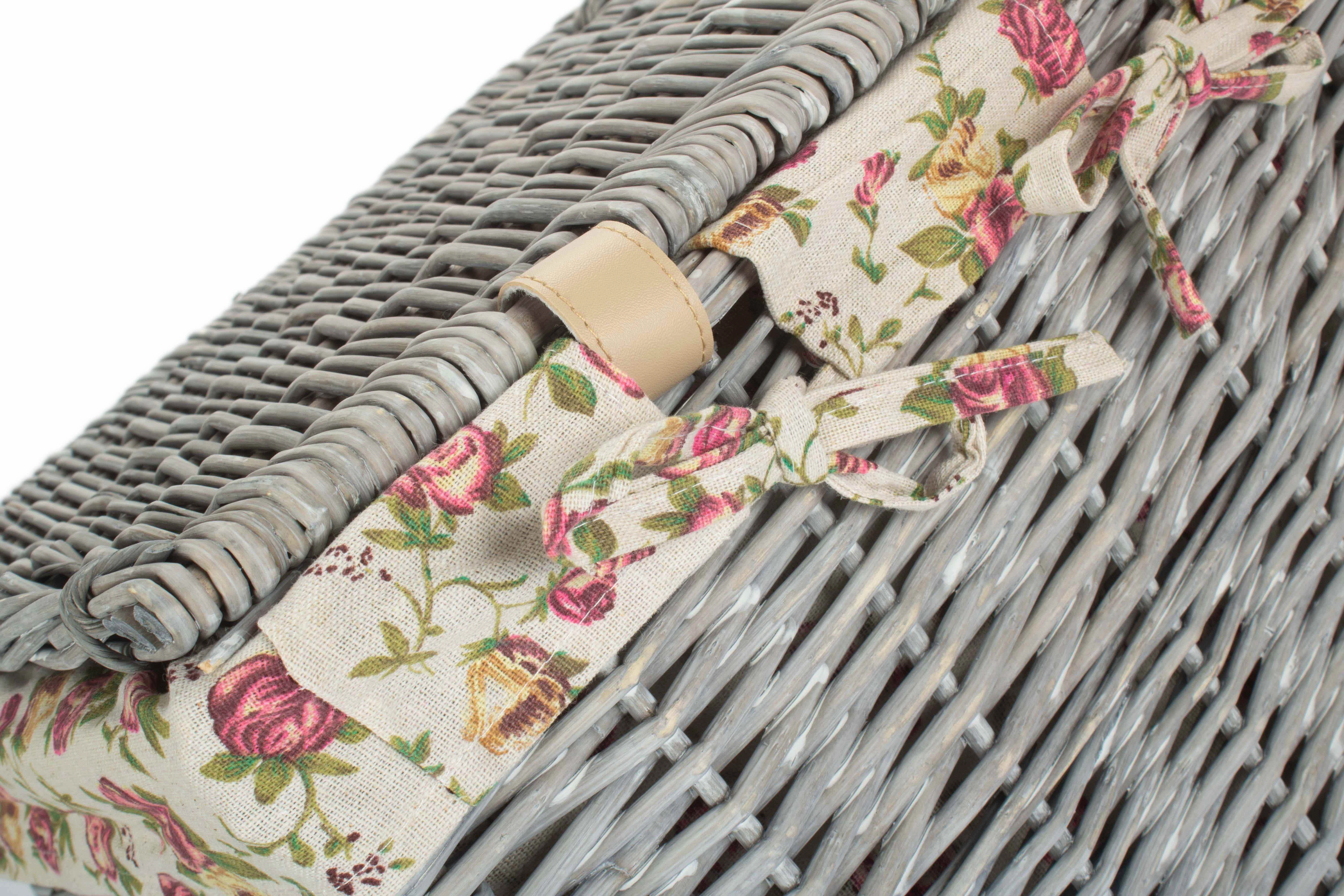 Grey Wash Willow Small Square Laundry Basket with Garden Rose Lining