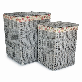 Grey Wash Willow Square Laundry Basket with Garden Rose Lining Set of 2 laundry organizer,dirty clothes basket,plastic laundry basket