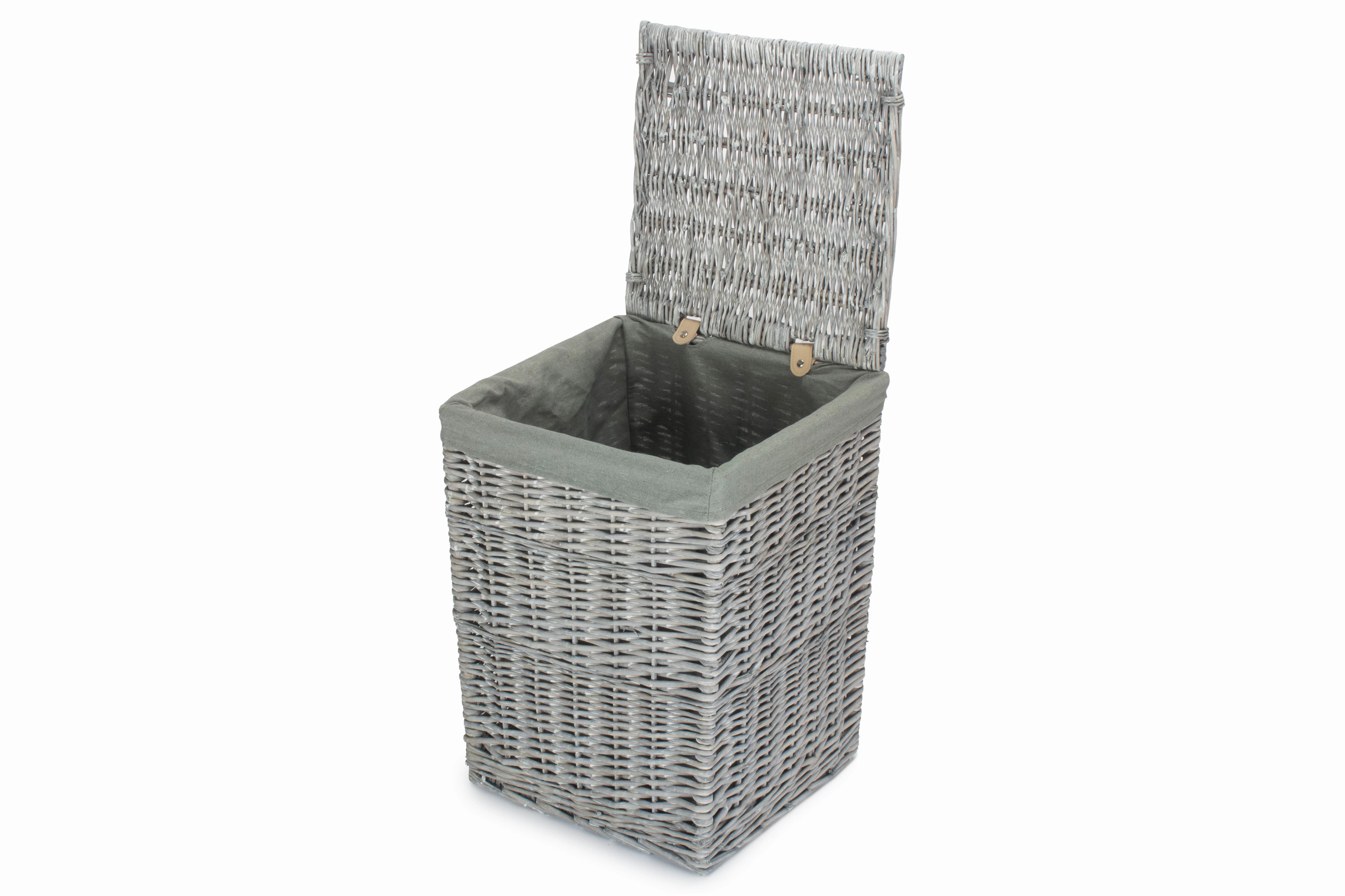 Grey Wash Willow Square Laundry Basket with Grey Sage Lining - Small
