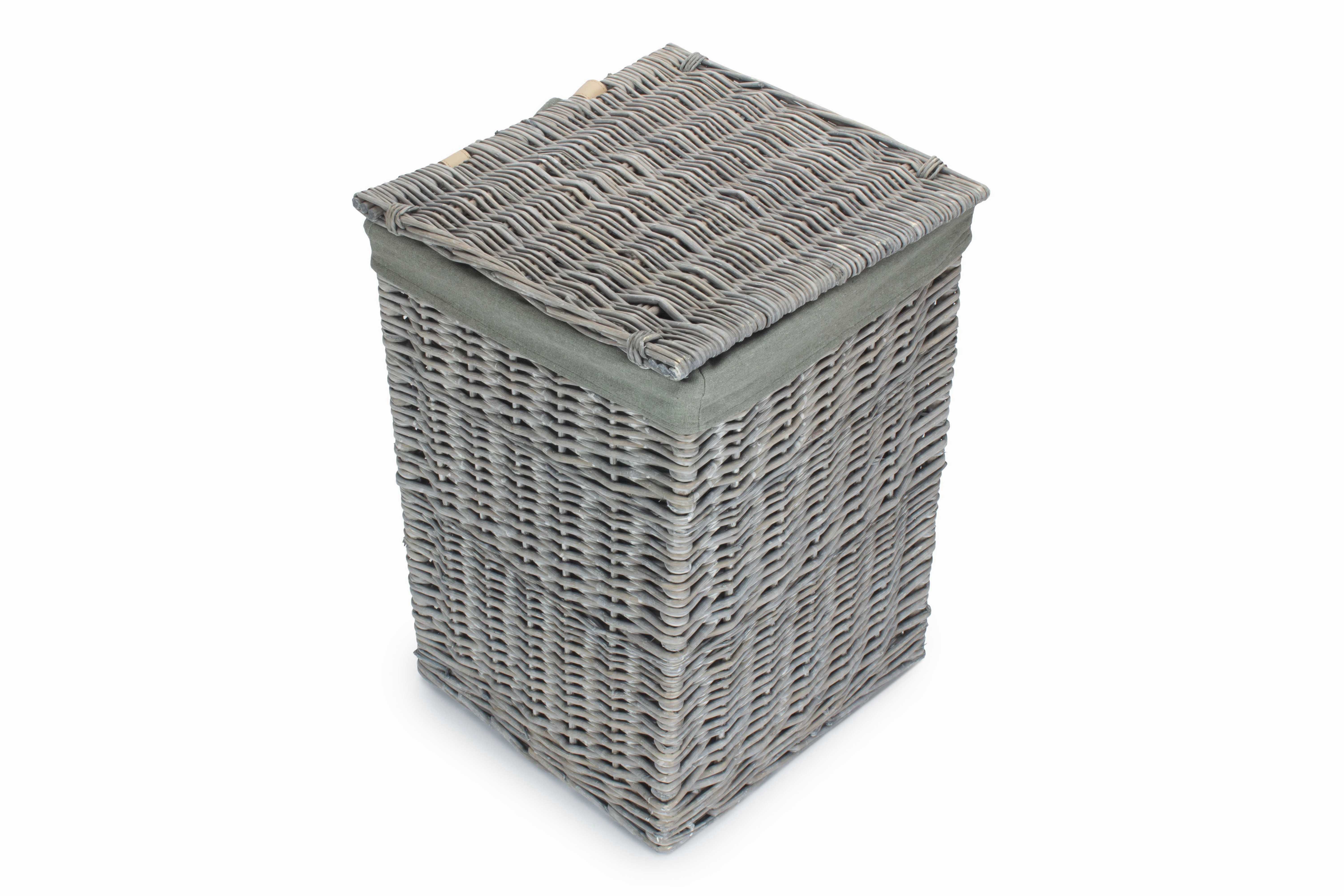 Grey Wash Willow Square Laundry Basket with Grey Sage Lining - Small
