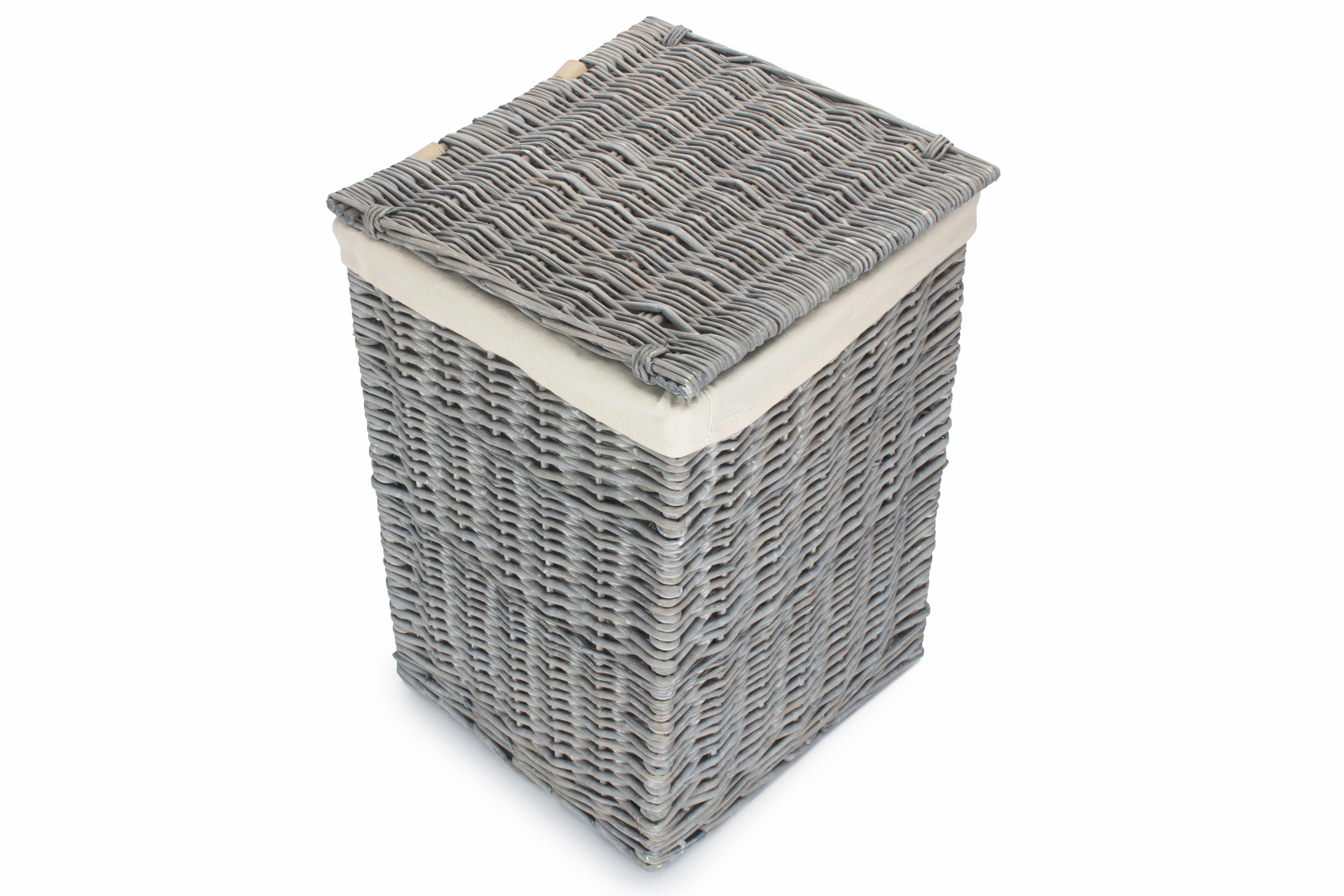 Grey Wash Willow Square Laundry Basket with White Lining - Small