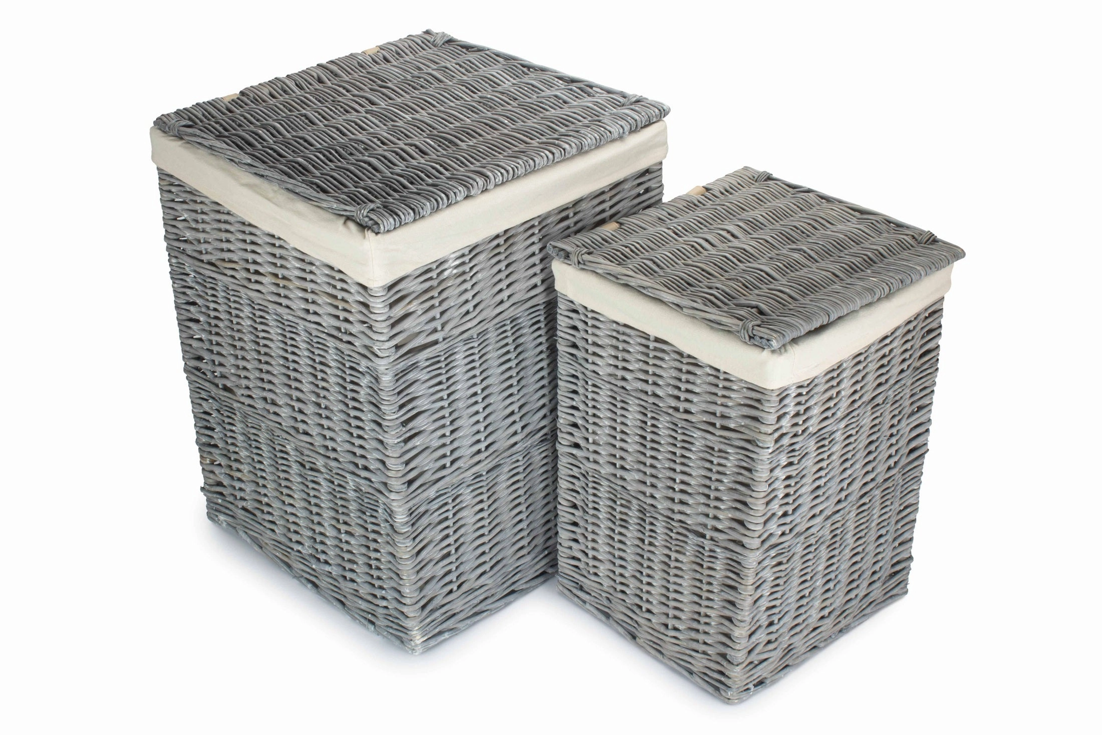 Grey Wash Willow Square Laundry Basket with White Lining Set of 2