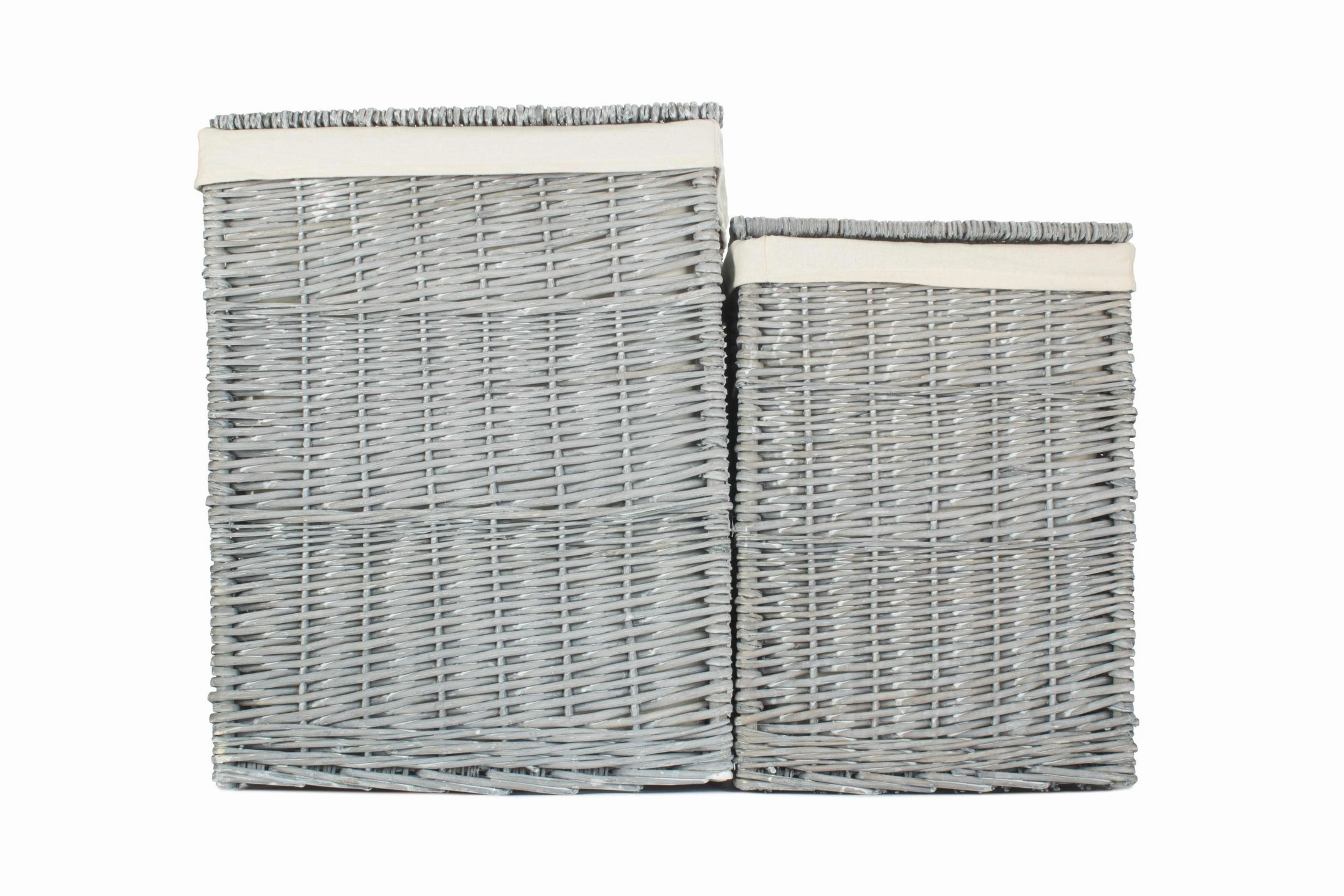 Grey Wash Willow Square Laundry Basket with White Lining Set of 2