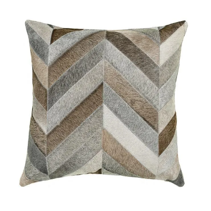 Gris Grey Chevron Patch Cowhide Pillow Cover