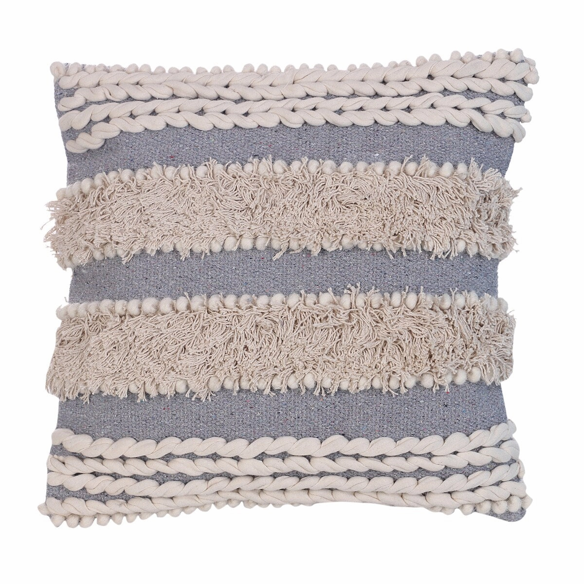 Handcrafted Shaggy Cotton Accent Throw Pillows, Woven Yarn, Set of 2 - Gray