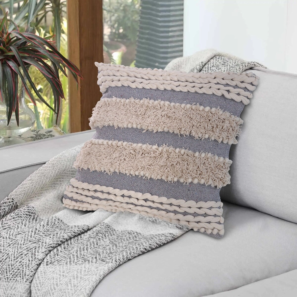 Handcrafted Shaggy Cotton Accent Throw Pillows, Woven Yarn, Set of 2 - Gray