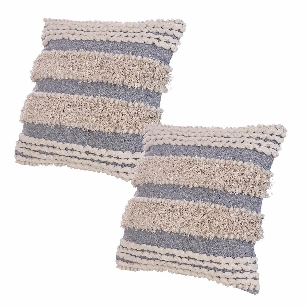 Handcrafted Shaggy Cotton Accent Throw Pillows, Woven Yarn, Set of 2 - Gray pillows,bed pillow,sleeping cushion