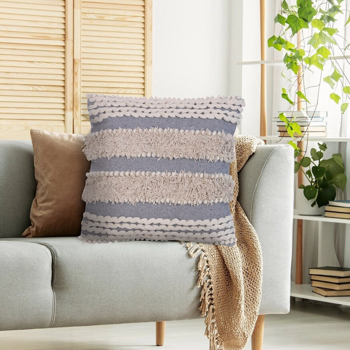 Handcrafted Shaggy Cotton Accent Throw Pillows, Woven Yarn, Set of 2 - Gray
