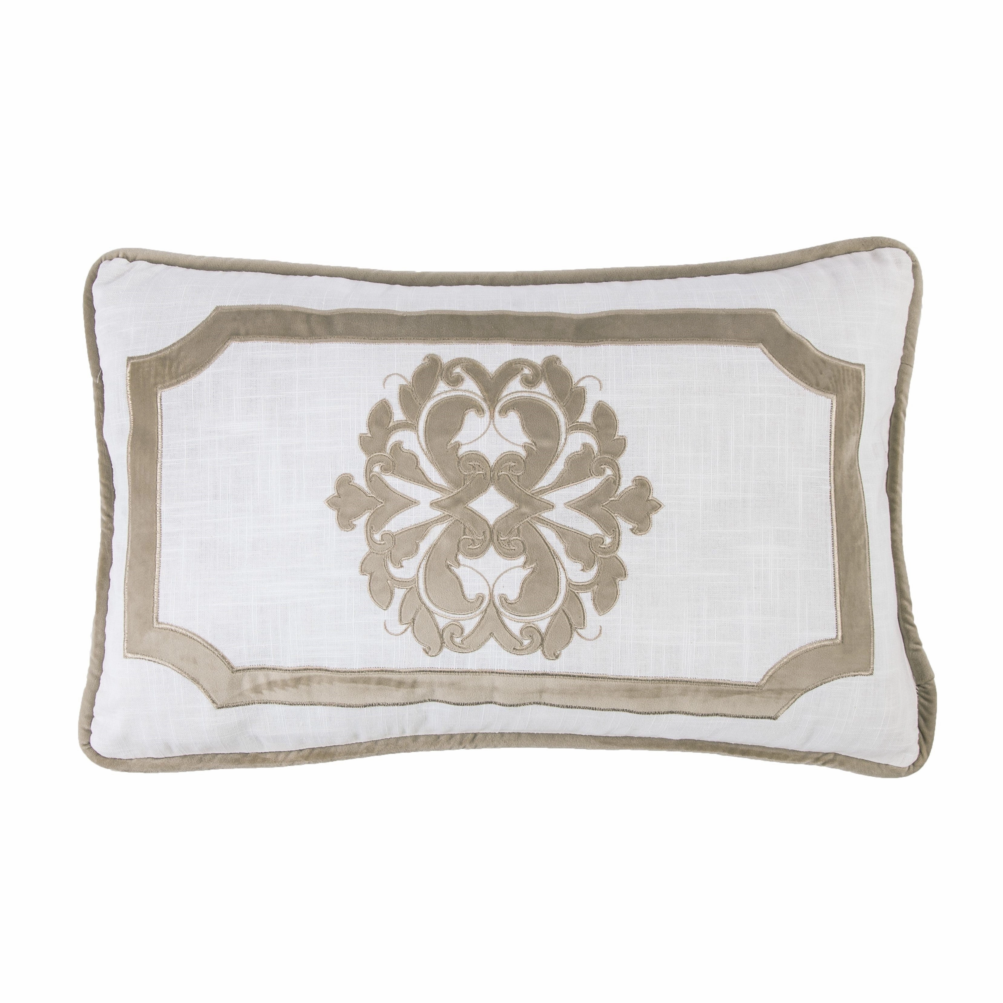 HiEnd Accents Madison Velvet Embroidered Medallion Applique Oblong Accent Pillow, 16" x 26" - Oatmeal pillows,bed pillow,sleeping cushion