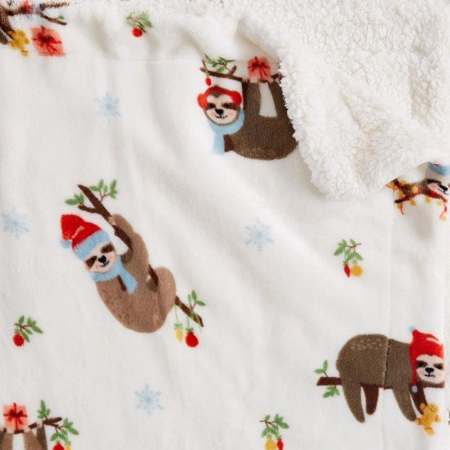 Holiday Sloth Sherpa Throw Blanket