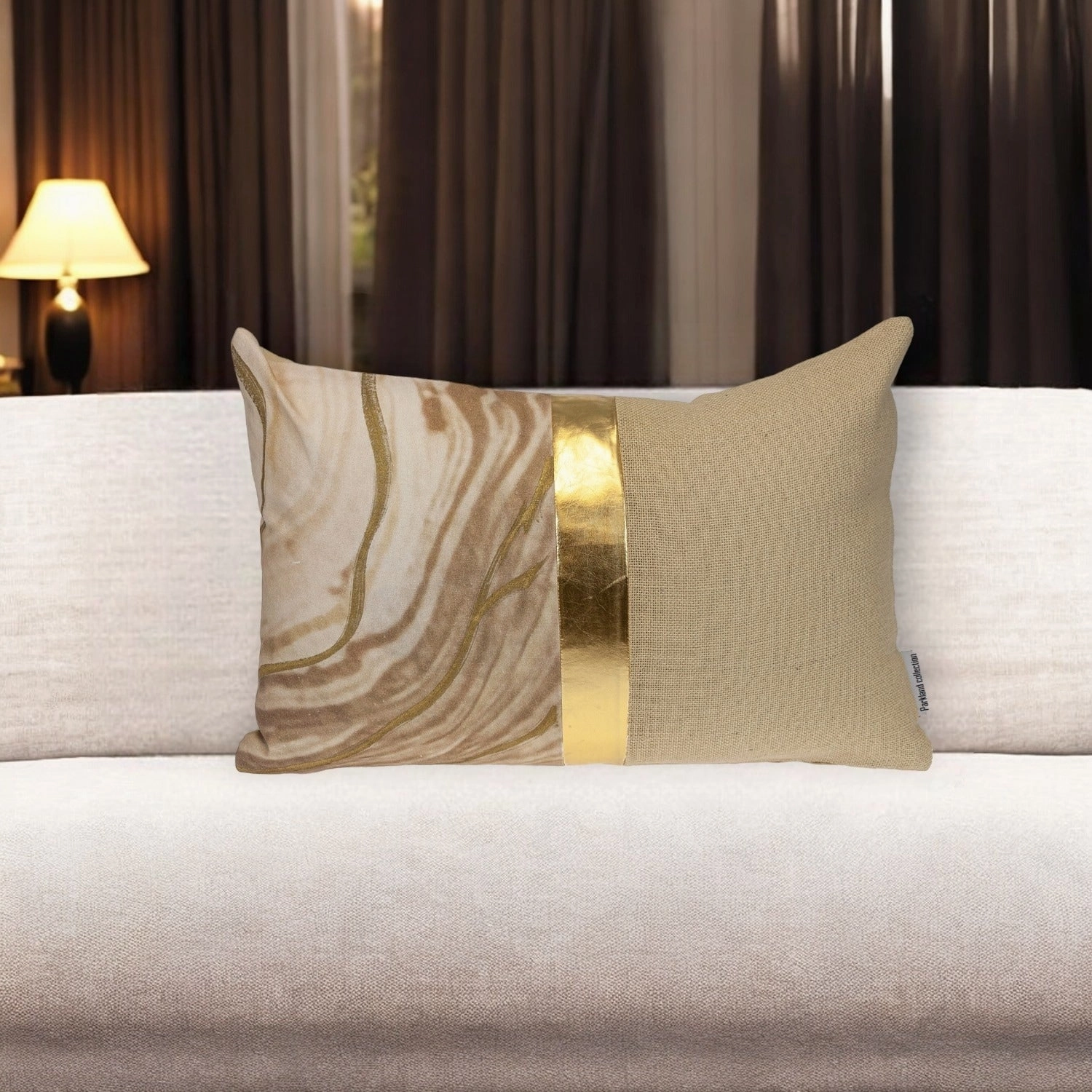 HomeRoots 14" X 20" Beige and Gold Striped Cotton Blend Throw Pillow pillows,bed pillow,sleeping cushion