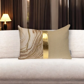 HomeRoots 14" X 20" Beige and Gold Striped Cotton Blend Throw Pillow pillows,bed pillow,sleeping cushion