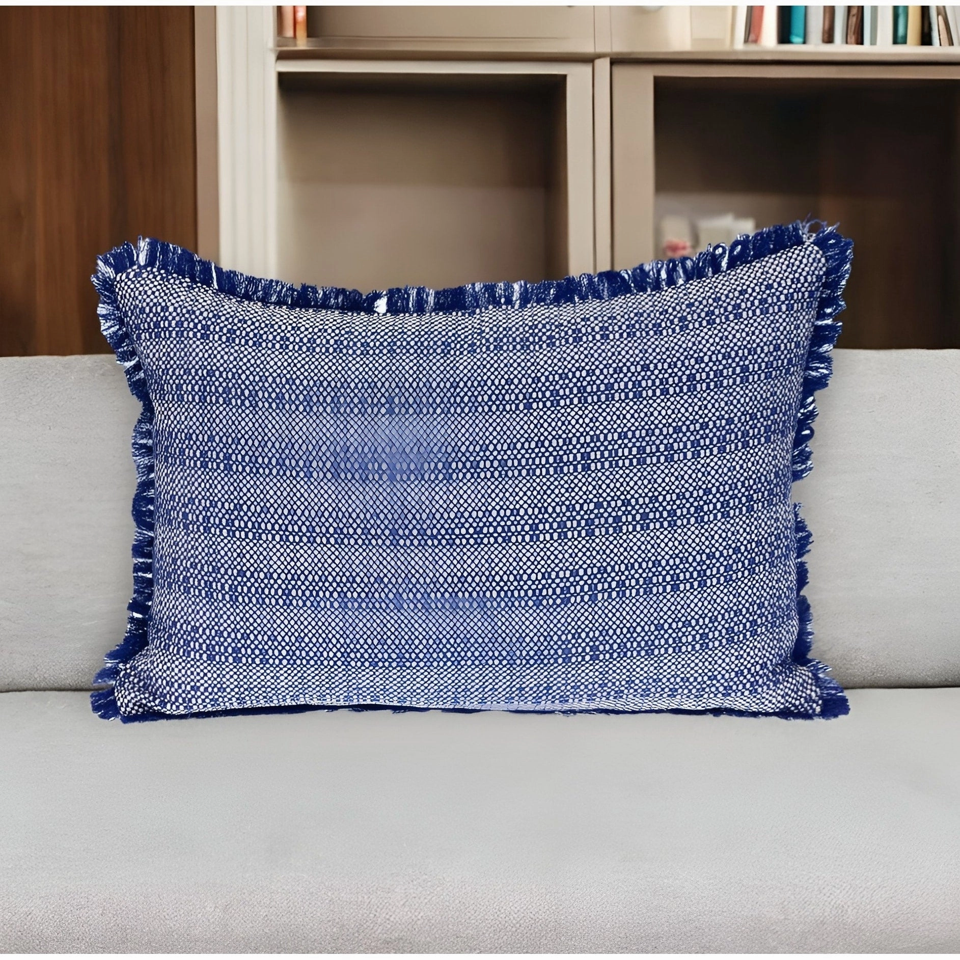 HomeRoots 14" X 20" Blue and White Striped Cotton Throw Pillow With Fringe pillows,bed pillow,sleeping cushion