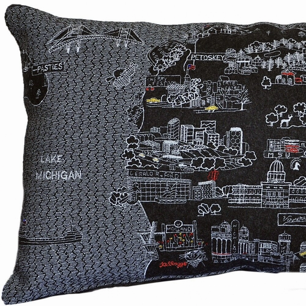 HomeRoots 25" Black Michigan Lower Peninsula Nighttime Skyline Lumbar Decorative Pillow