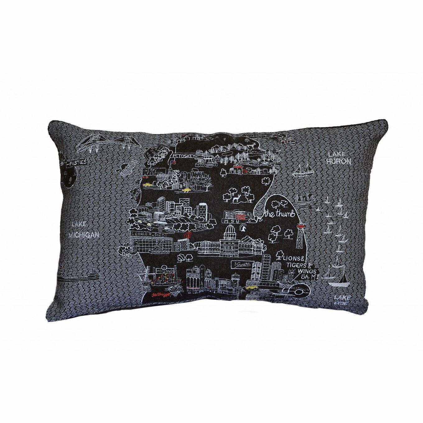 HomeRoots 25" Black Michigan Lower Peninsula Nighttime Skyline Lumbar Decorative Pillow