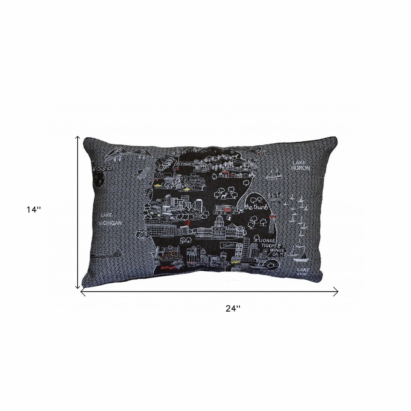 HomeRoots 25" Black Michigan Lower Peninsula Nighttime Skyline Lumbar Decorative Pillow