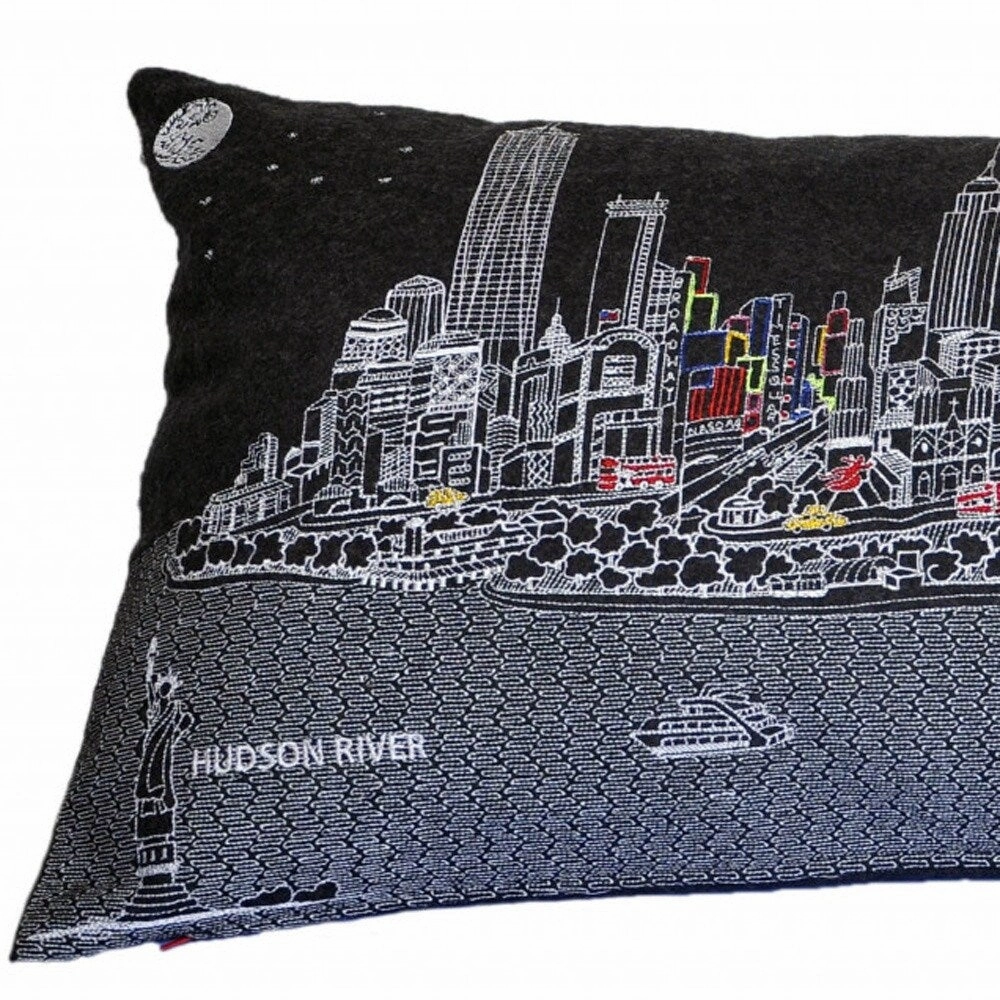 HomeRoots 35" Black NYC Nighttime Skyline Lumbar Decorative Pillow