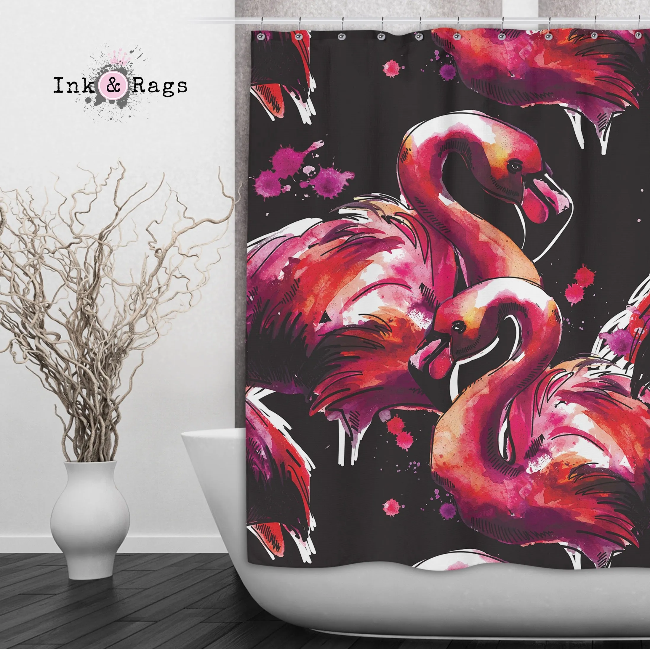 Hot Pink Watercolor Flamingo Shower Curtains and Optional Bath Mats Lighting,Lamps Fixtures