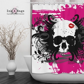 Hot Pink and Black Kiss Skull Shower Curtains and Optional Bath Mats Lighting,Lamps Fixtures