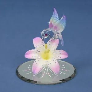 Hummingbird on Lavender Lily with Pink Crystals Glass Figurine Decorative Mirror,Home Decor Mirror