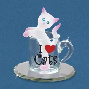 I Love Cats Frosted Kitty in a Cup with Blue Crystals Glass Figurine Decorative Mirror,Home Decor Mirror