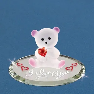 I Love You Frosted White and Pink Bear with Red Crystal Heart with Red Hearts Glass Figurine Decorative Mirror,Home Decor Mirror