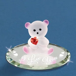 I Love You Frosted White and Pink Bear with Red Crystal Heart with White Hearts Glass Figurine Decorative Mirror,Home Decor Mirror