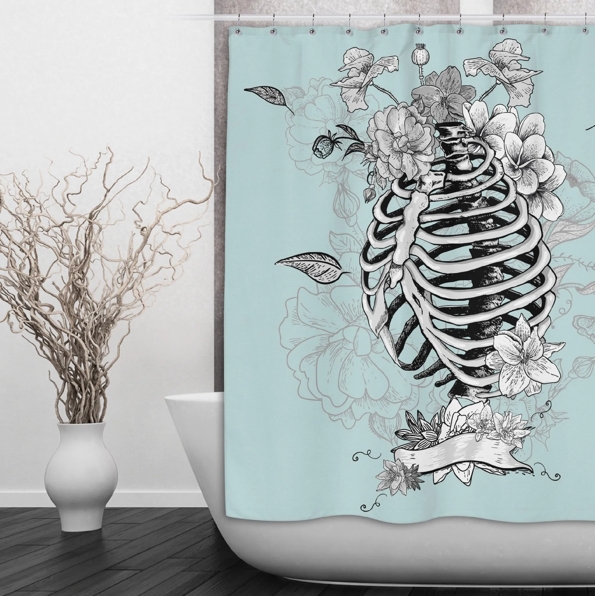 Ice Blue Torso Skeleton and Flower Shower Curtains and Optional Bath Mats Lighting,Lamps Fixtures