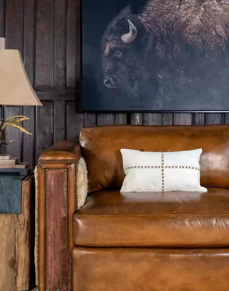 Ivory Stitched Cowhide Oblong Pillow