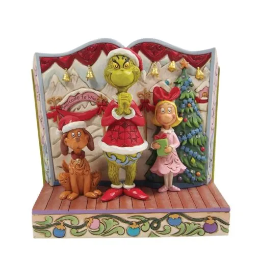 Jim Shore First Edition Grinch Max and Cindy Lou in Front of Book with Real Bells and Lighted Christmas Tree 6.25" Decorative Mirror,Home Decor Mirror