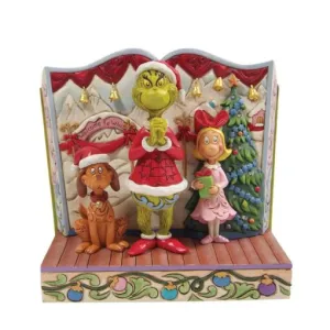Jim Shore First Edition Grinch Max and Cindy Lou in Front of Book with Real Bells and Lighted Christmas Tree 6.25" Decorative Mirror,Home Decor Mirror