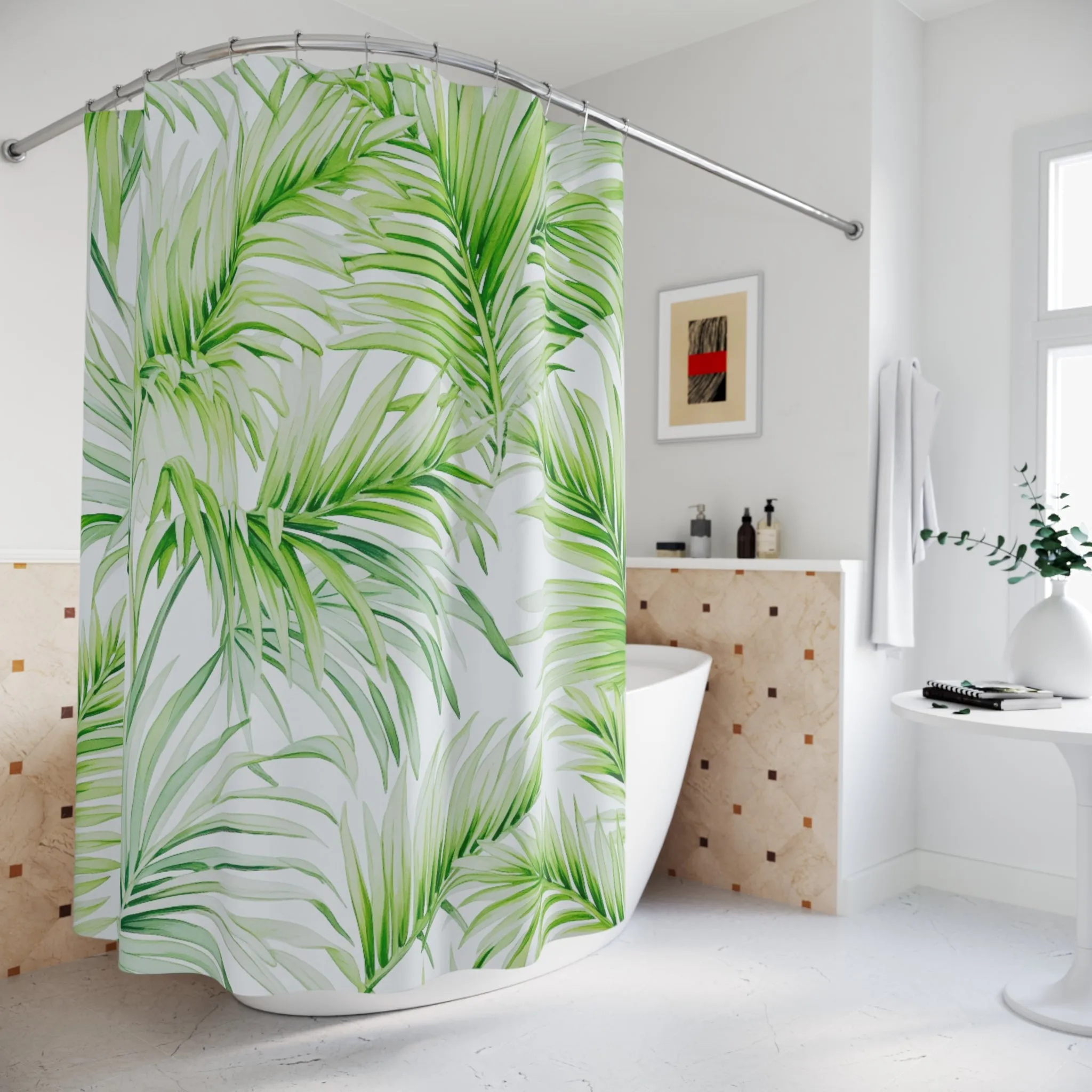 Jungle Floral Shower Curtain | Sage Green, Palm Leaves