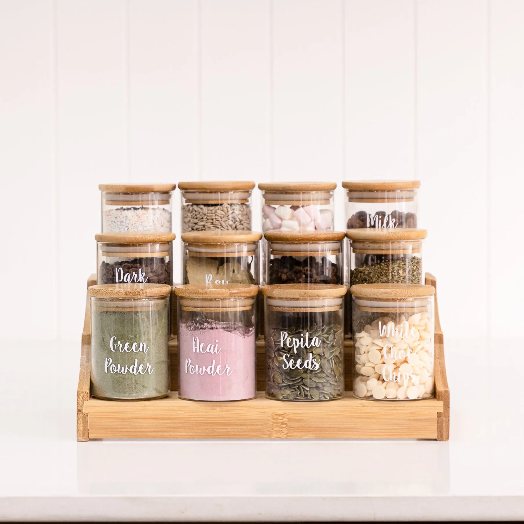 Large Bamboo Spice Rack with 12 x 200ml Herb & Spice Jars Pack Figurines,Decorative Ornaments