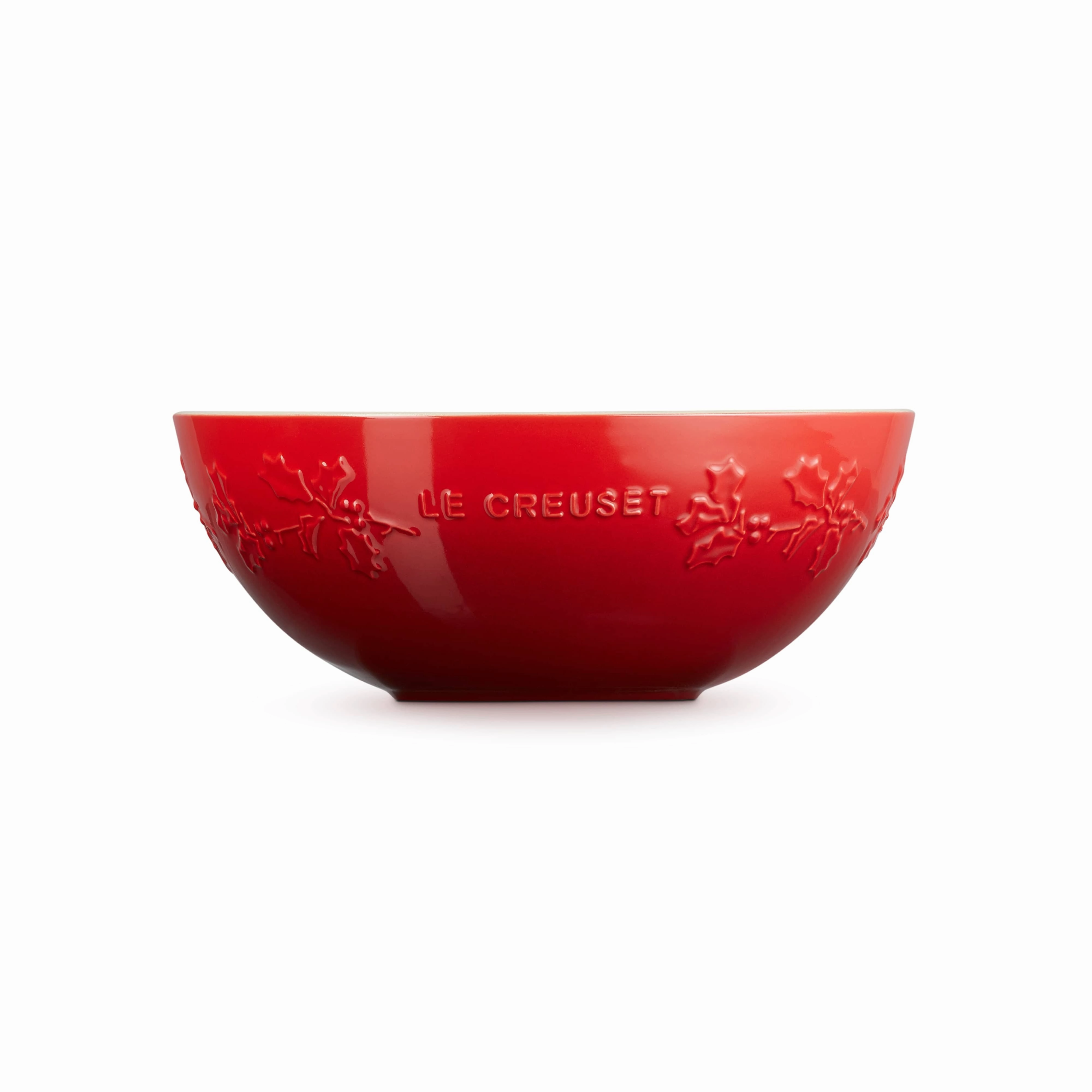 Le Creuset Stoneware Holly Relief Serve Bowl In Cerise 25cm