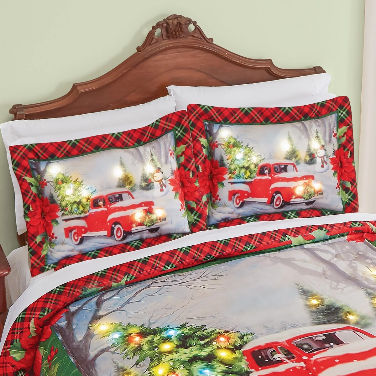 LED Lighted Festive Vintage Red Truck Pillow Sham - Set of 2