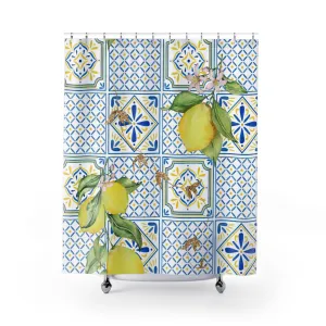 Lemon Shower Curtain | Amalfi Coast Tiles, Blue Yellow Citrus Decor Lighting,Home Lighting