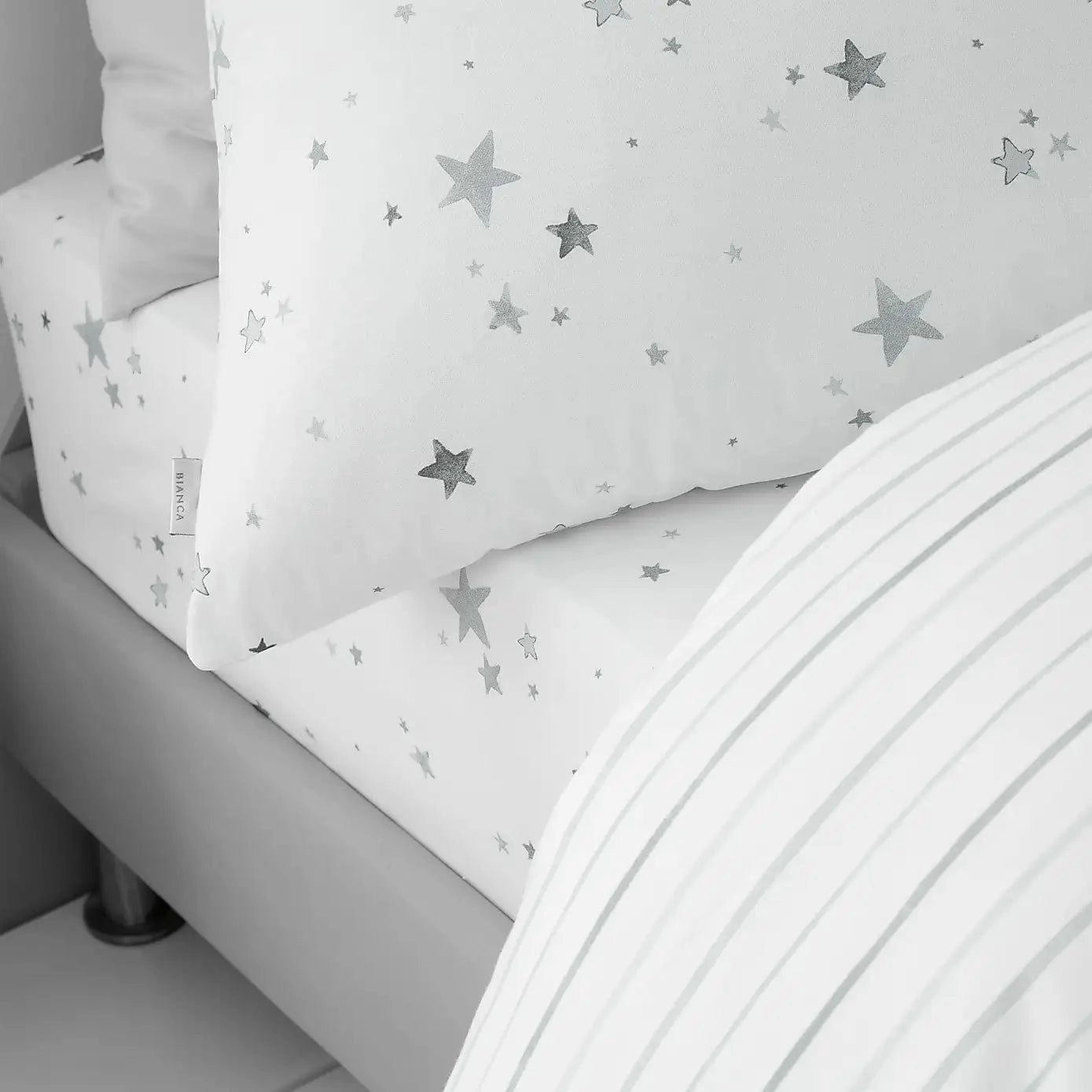 Little Bianca Fine Linens Bedroom Stars Fitted Sheet 15cm Depth Grey
