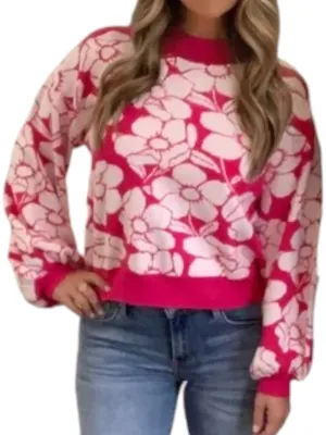 Long Sleeve Floral Sweater In Pink