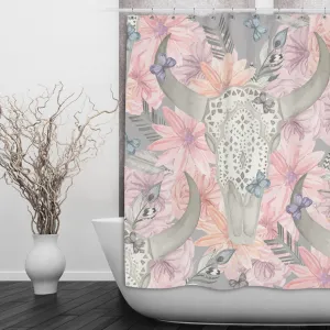 Longhorn Skull with Lace and Pink Flowers Shower Curtains and Optional Bath Mats Lighting,Lamps Fixtures