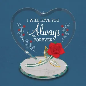 Love You Always and Forever Heart Plaque with Red Rose Glass Figurine Decorative Mirror,Home Decor Mirror