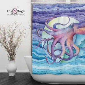 Luna Watercolor Octopus Wave Shower Curtains and Optional Bath Mats Lighting,Lamps Fixtures